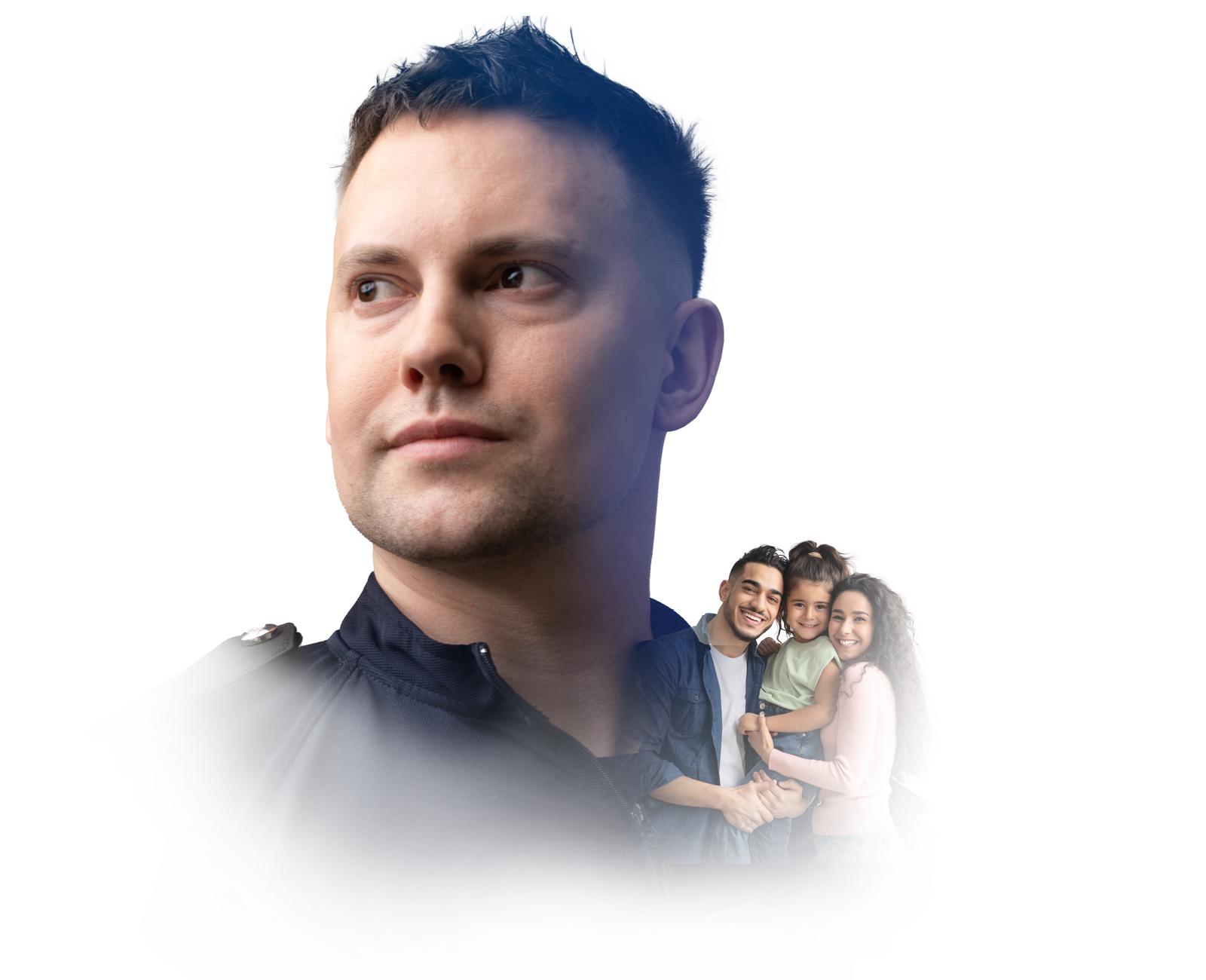 Member of Home Office staff with image of a family superimposed