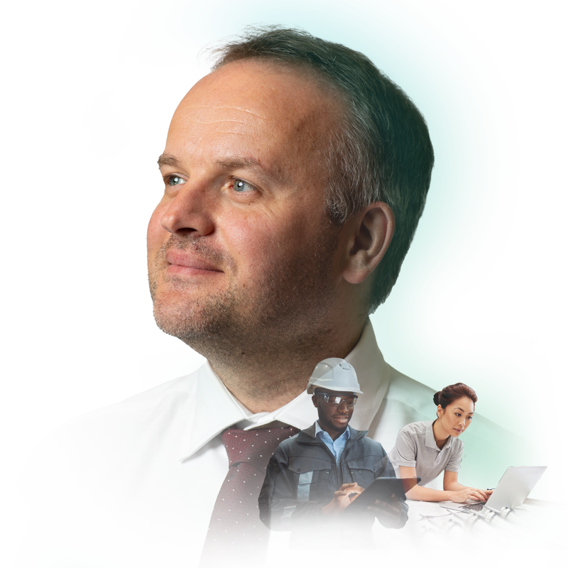 Member of Home Office staff with image of skilled workers superimposed