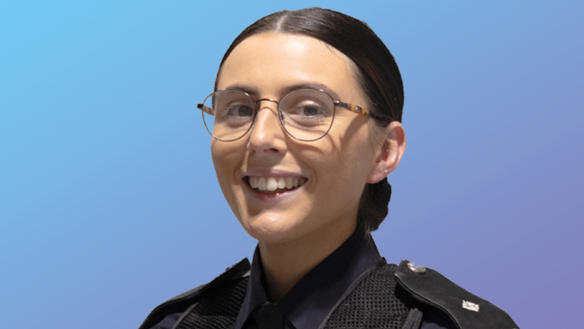 Female Border Force Officer on a blue gradient background