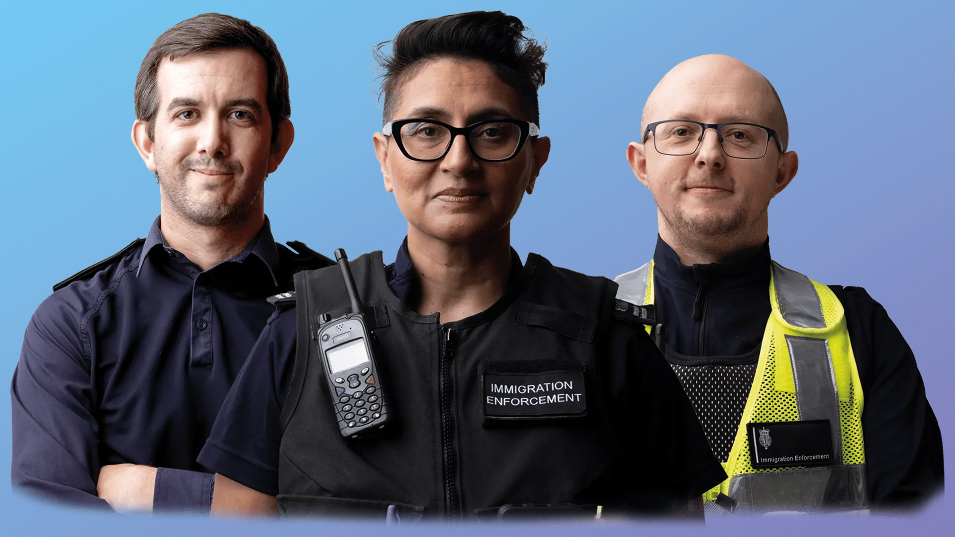 3 Immigration Officers on a blue gradient background