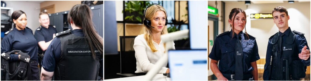 Selection of three workplace scenes featuring uniformed staff and office‑based work.