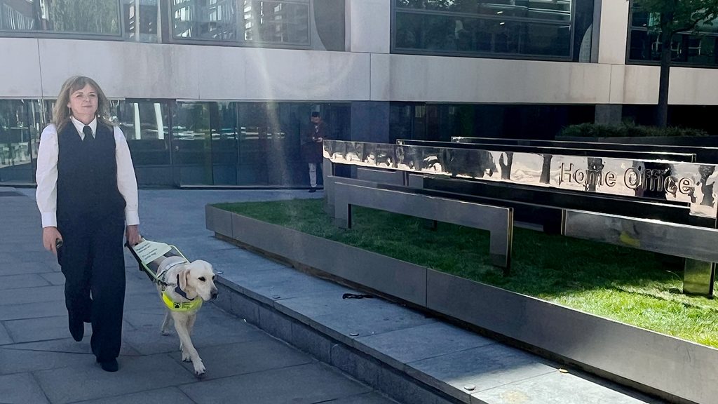 Shot of Nikki the guide dog and Jo-Ann walking down a London street.
